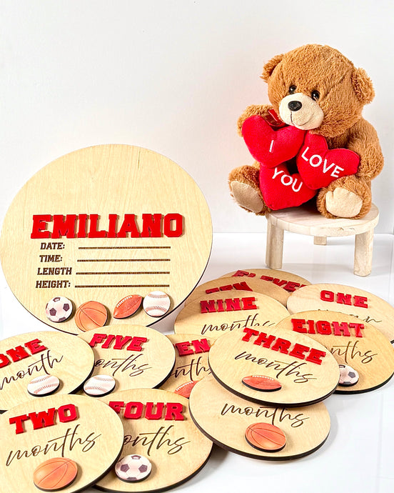 Personalized Sports-Themed Baby Milestone Set with Birth Announcement