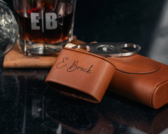 Personalized cigar case in brown leatherette close view