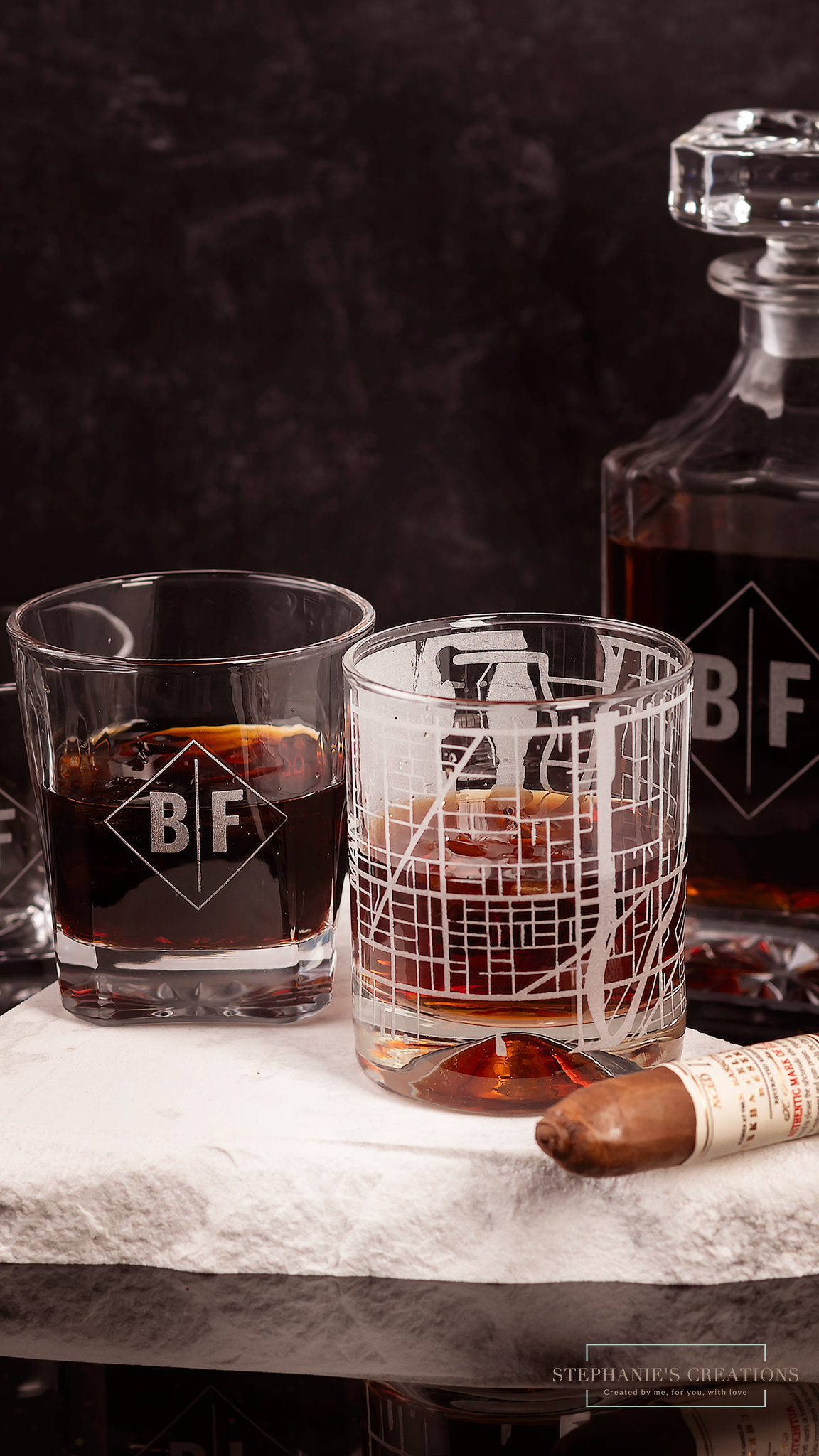 Custom drinkware set with glasses and decanter for bar decor