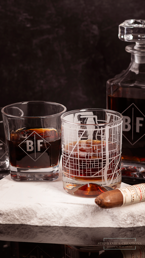 Custom drinkware set with glasses and decanter for bar decor