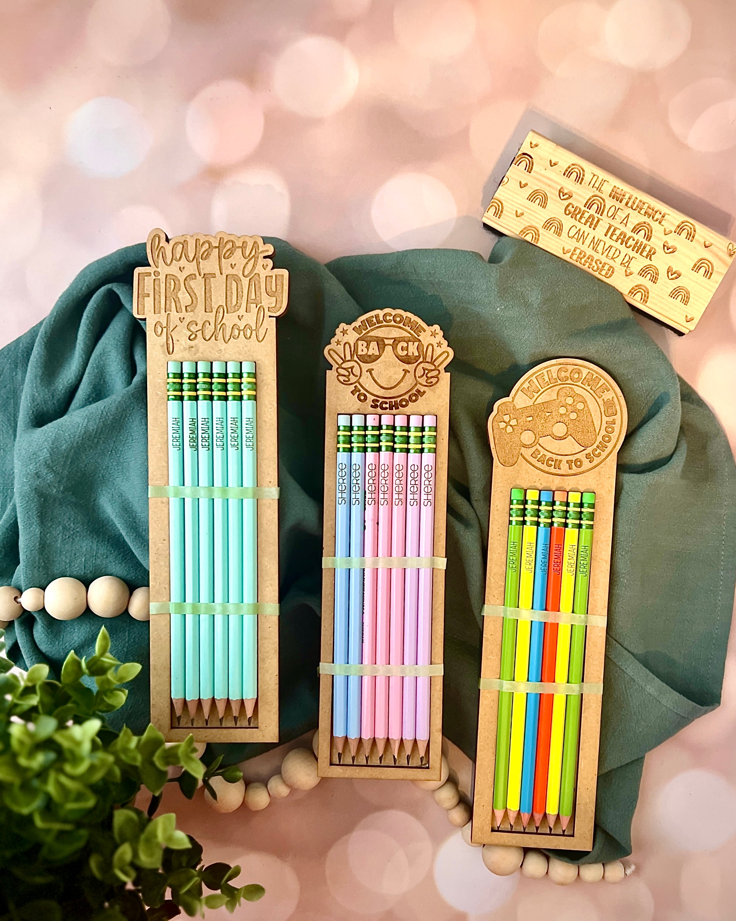 Colorful personalized pencils engraved with student name