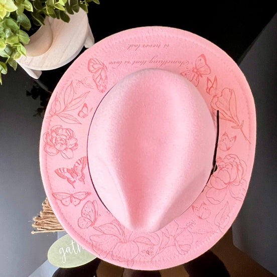 Personalized felt fedora hat with engraving on brim