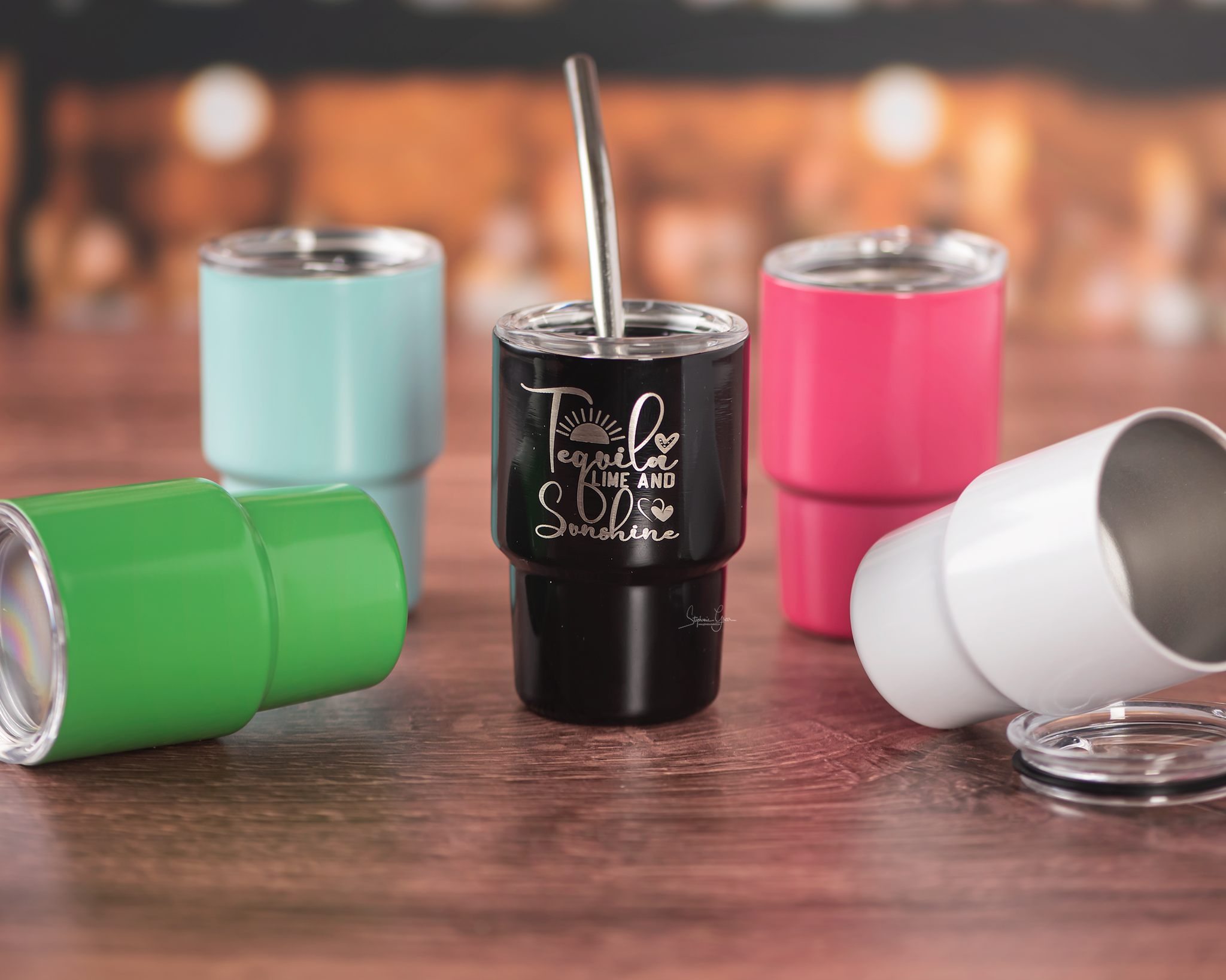 Custom shot glass-style party tumblers for bridal events