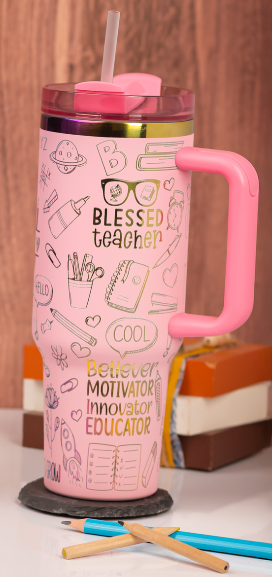 Engraved tumbler with “Blessed Teacher” and school icons in rainbow colors