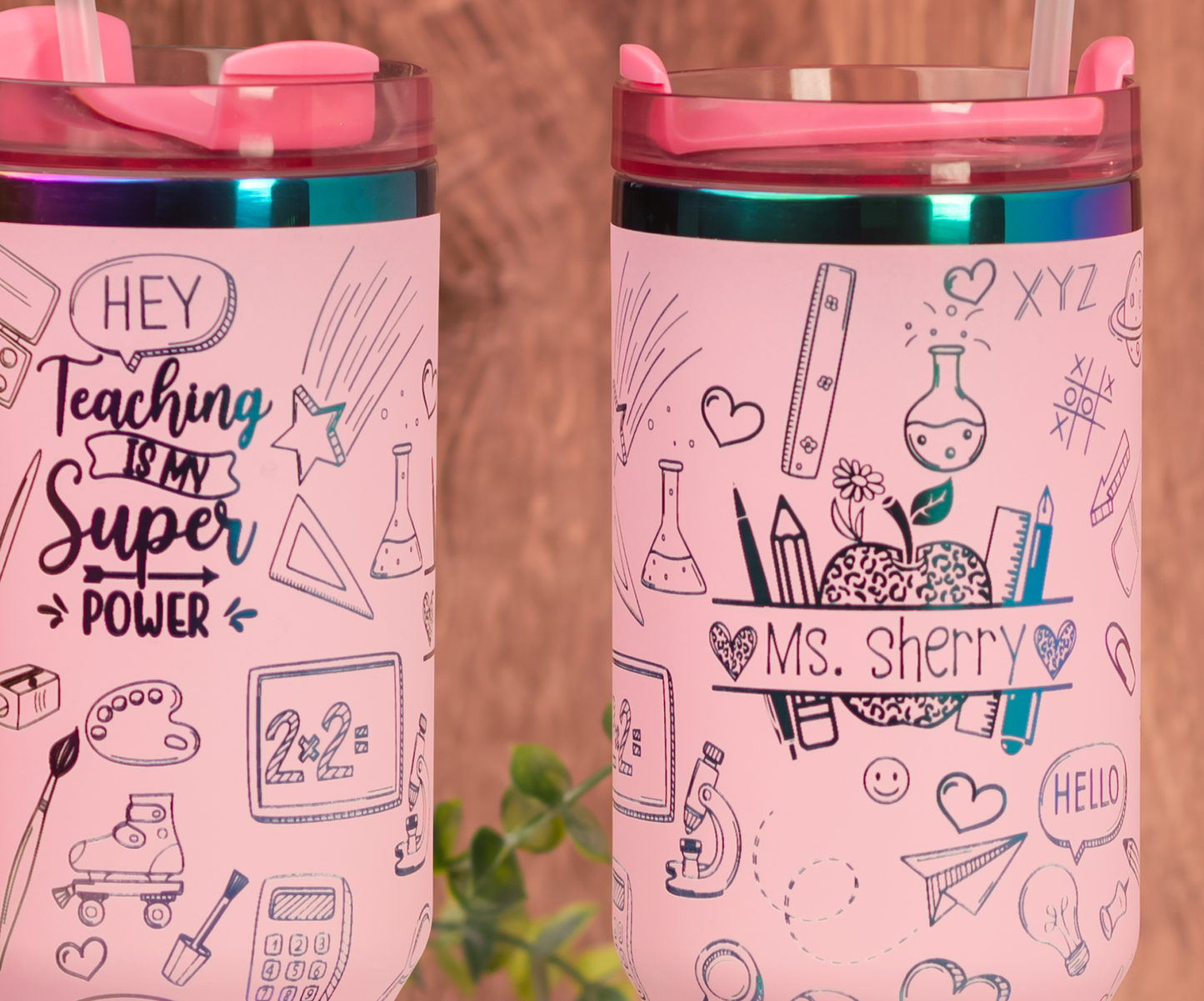 Custom tumbler with teacher’s name engraved among school doodles
