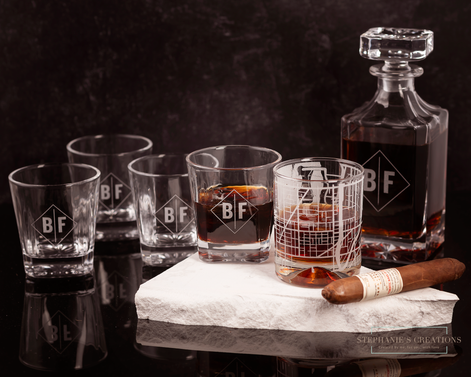 Custom drinkware set with glasses and decanter for bar decor