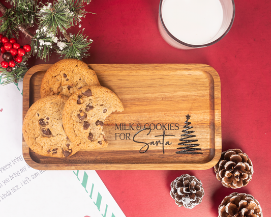 Engraved Acacia wood tray, Santa milk and cookies tray, Laser engraved Christmas tray, Wooden Christmas Eve tray, Family holiday tradition tray, Kids Christmas gift tray, Milk and cookies for Santa tray, Christmas Eve cookie tray, Personalized holiday tray, Acacia wood engraved tray