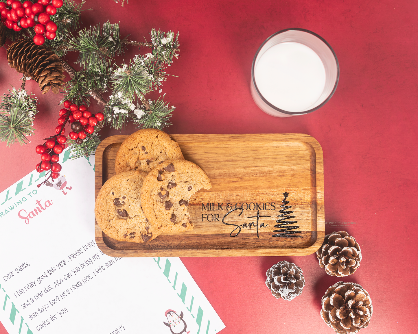 Engraved Acacia wood tray, Santa milk and cookies tray, Laser engraved Christmas tray, Wooden Christmas Eve tray, Family holiday tradition tray, Kids Christmas gift tray, Milk and cookies for Santa tray, Christmas Eve cookie tray, Personalized holiday tray, Acacia wood engraved tray