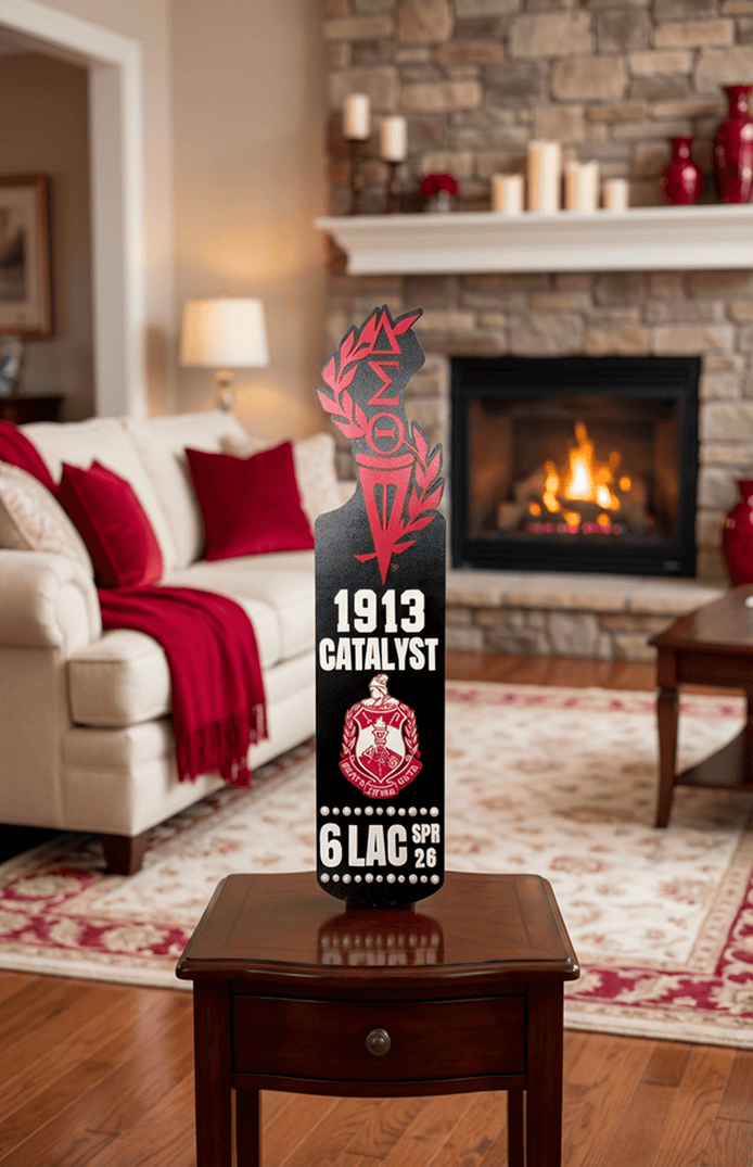 Delta Sigma Theta display paddle with DST crest and torch on cozy end table