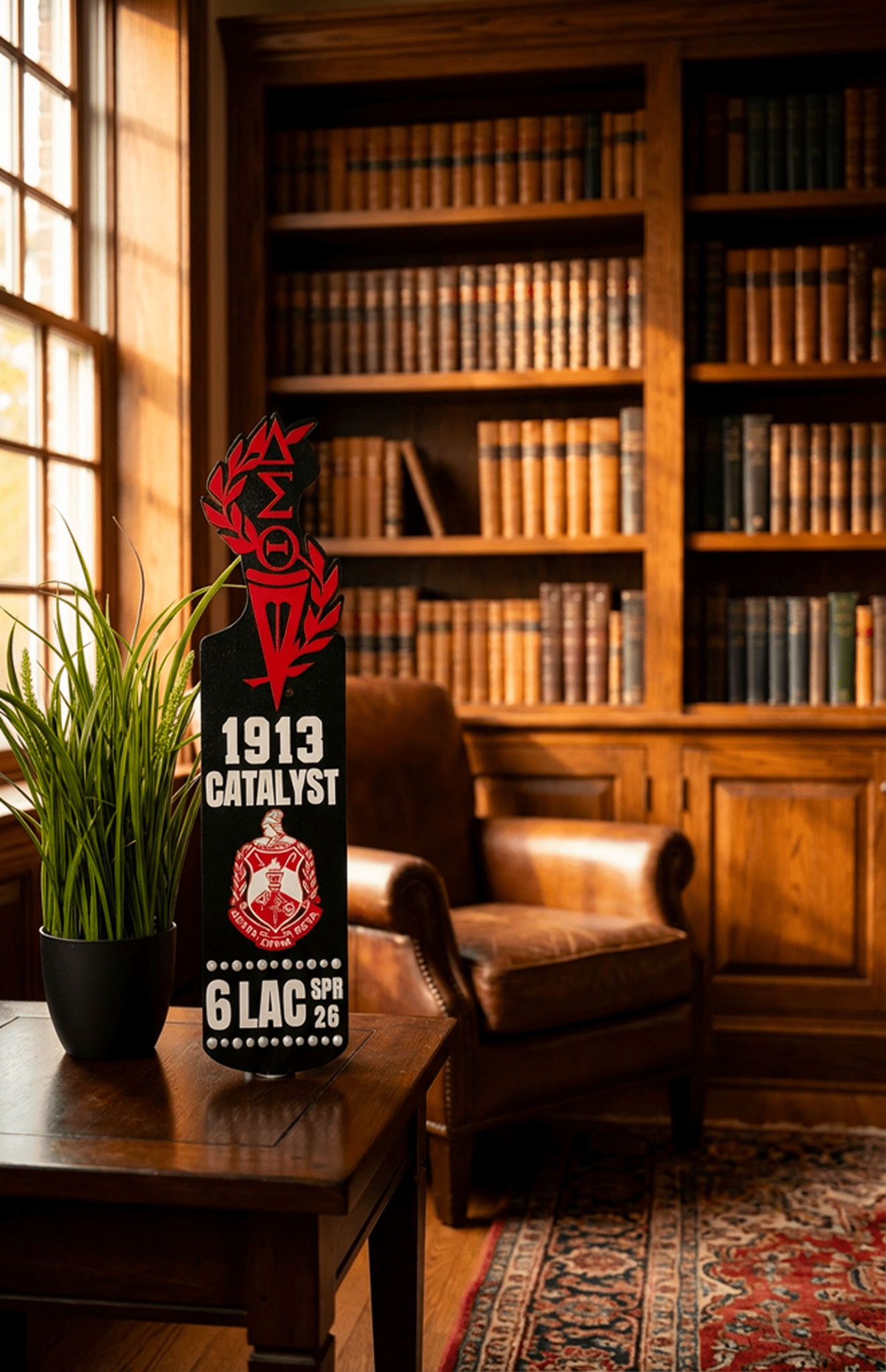 DST display paddle with crimson and black layered wood and acrylic design