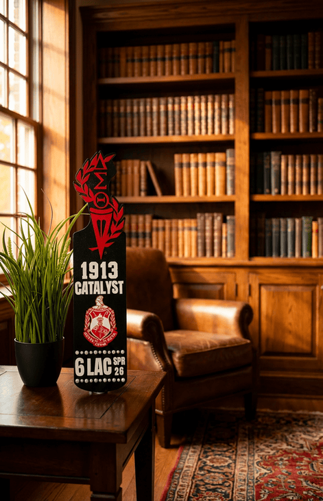 DST display paddle with crimson and black layered wood and acrylic design