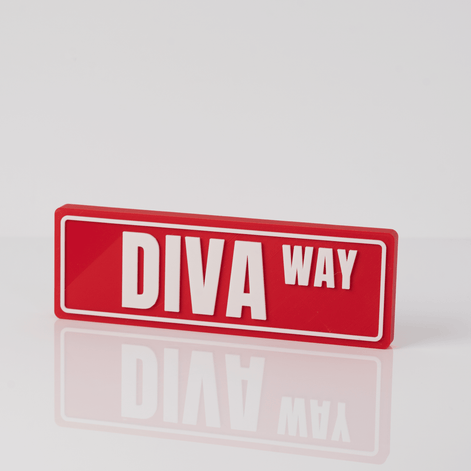 3D printed Delta Sigma Theta street sign desk display in crimson and white with reflection