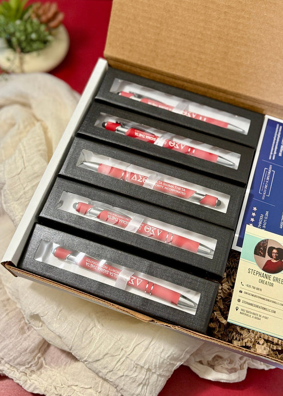 Delta Sigma Theta stylus ballpoint pen set of 5 in individual gift boxes packed for shipping