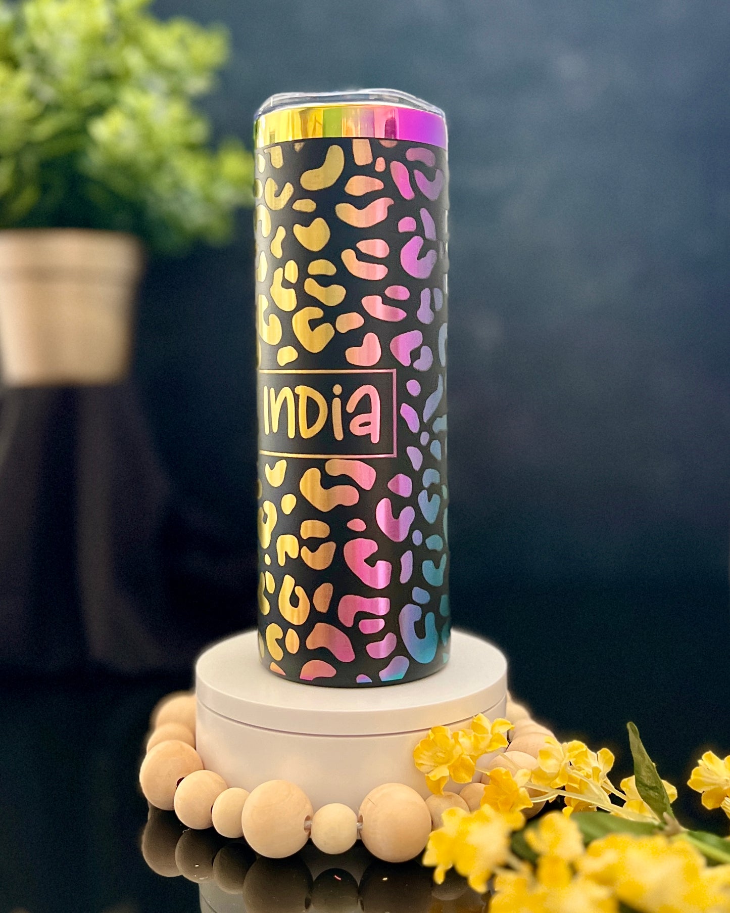 Engraved 20 oz Skinny Rainbow Cheetah Print Tumbler