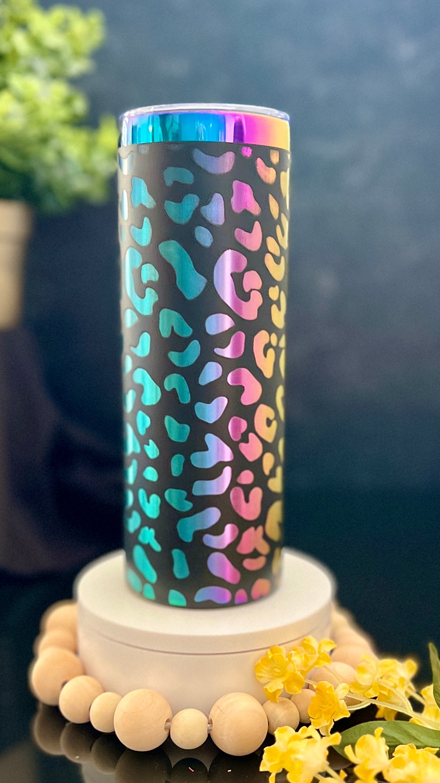 Engraved 20 oz Skinny Rainbow Cheetah Print Tumbler