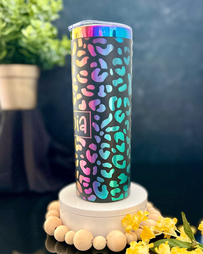 Engraved 20 oz Skinny Rainbow Cheetah Print Tumbler