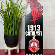 Personalized Delta Sigma Theta display paddle in layered wood and acrylic crimson and black