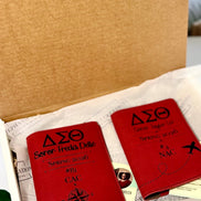 Personalized DST leatherette passport holders packed in Stephanie's Creations gift box ready to ship