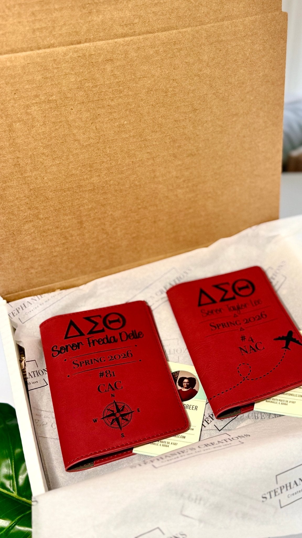 Personalized DST leatherette passport holders packed in Stephanie's Creations gift box ready to ship