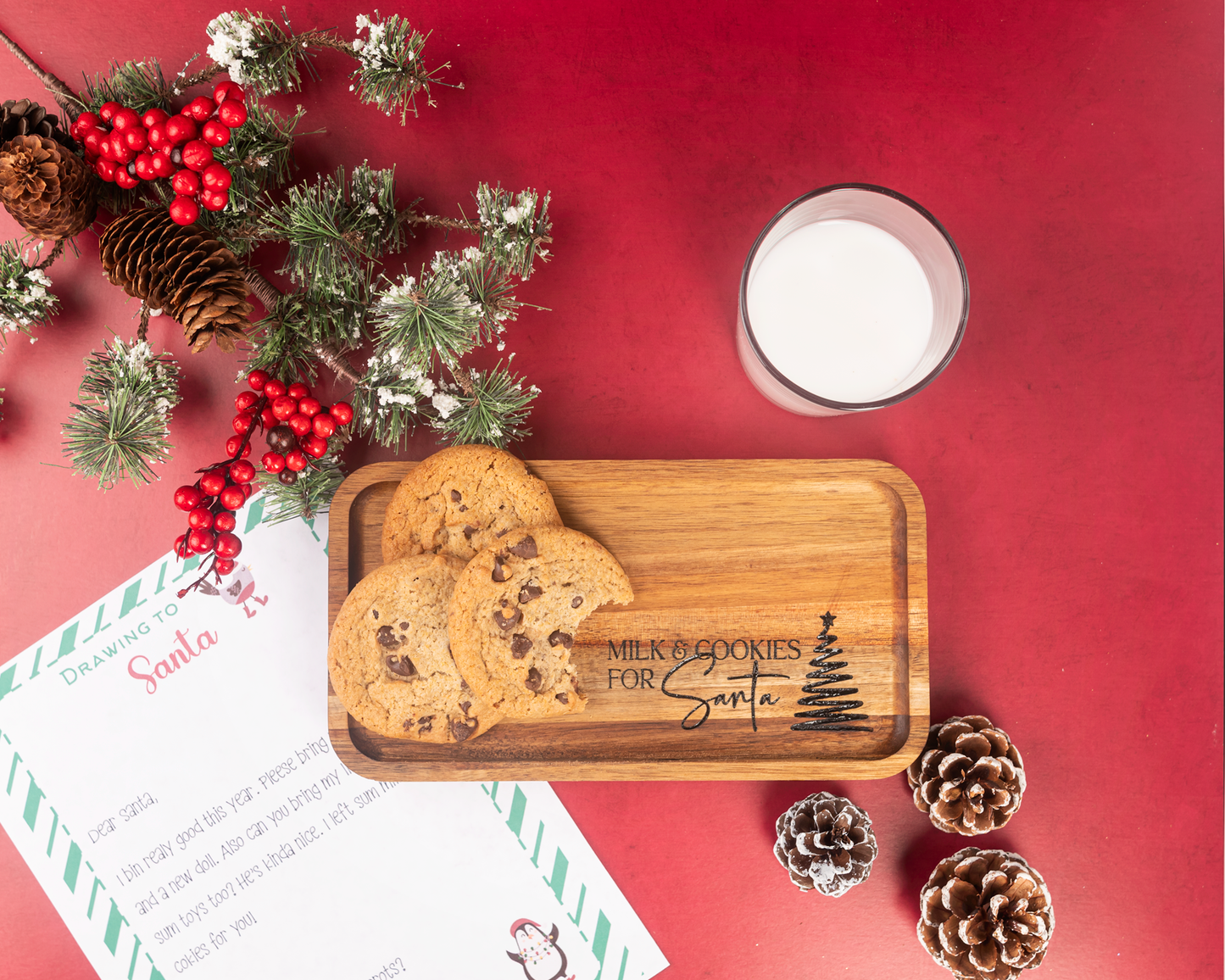 Engraved Acacia wood tray, Santa milk and cookies tray, Laser engraved Christmas tray, Wooden Christmas Eve tray, Family holiday tradition tray, Kids Christmas gift tray, Milk and cookies for Santa tray, Christmas Eve cookie tray, Personalized holiday tray, Acacia wood engraved tray