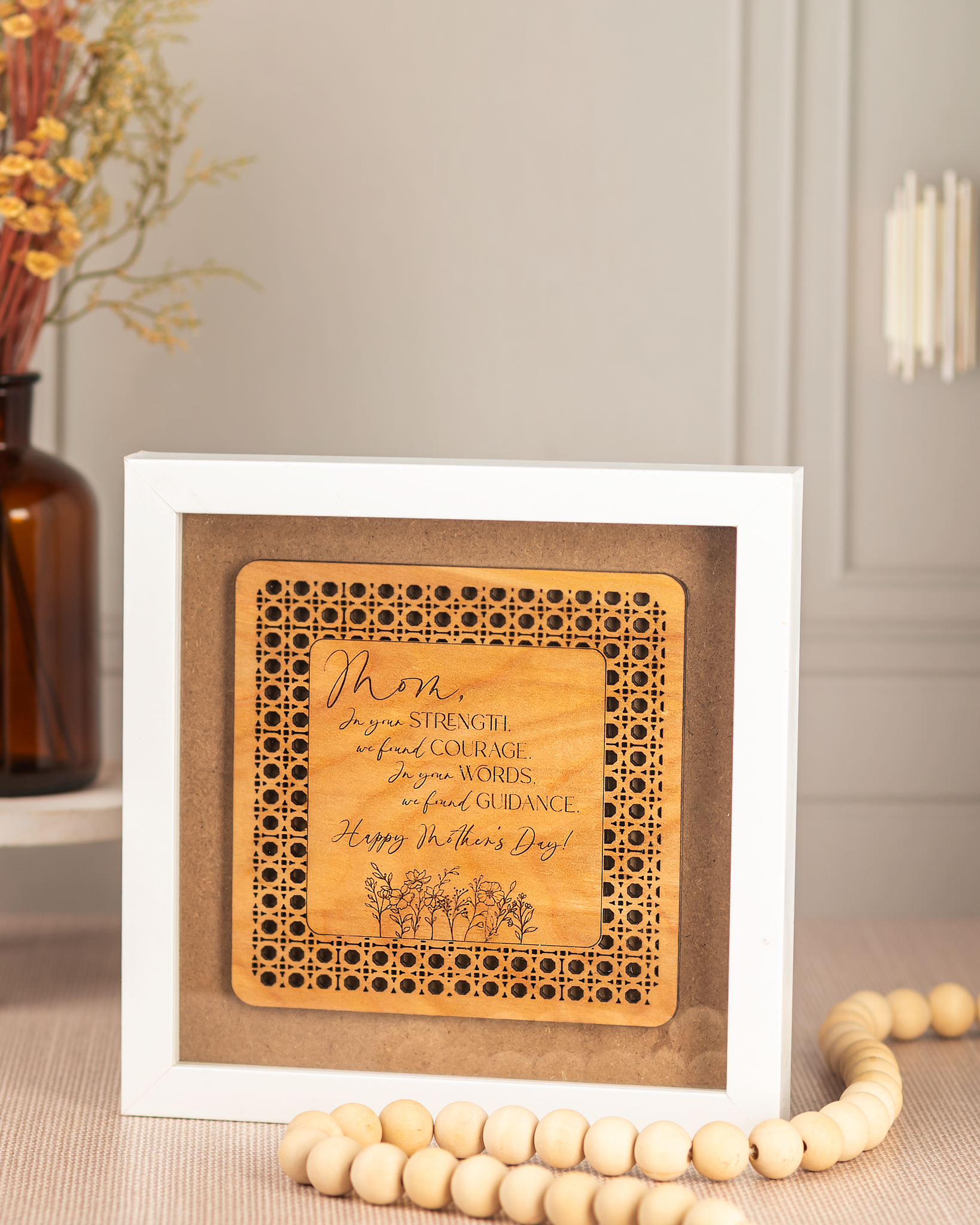 Mother’s Day laser cut file displayed in a white shadow box