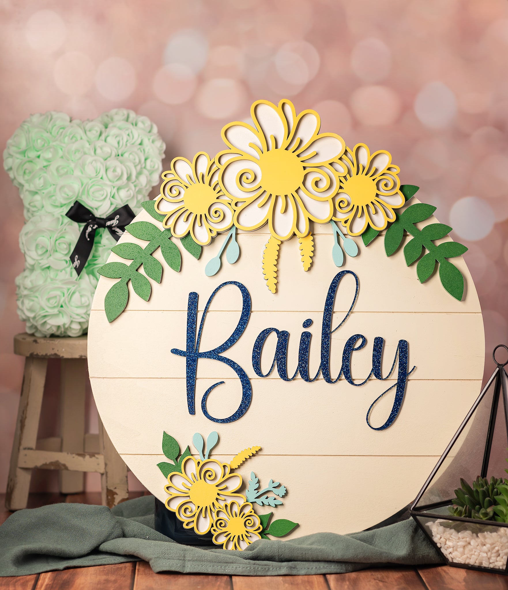 Floral nursery sign, Personalized wood round, Kids room decor, New parents gift, Laser-cut daisy design, Shiplap nursery art, Custom name plaque