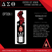 DST personalized paddle Option 1 with torch crest line name and number in crimson and black