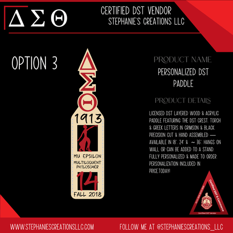 DST personalized paddle Option 3 with Greek letters stepping figure and line name in cream and crimson