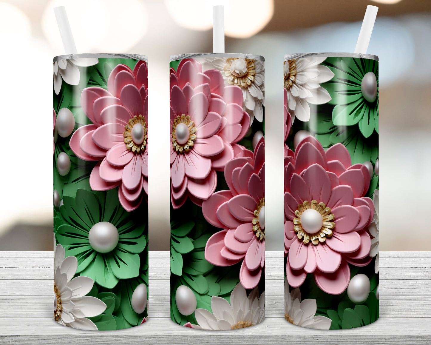 3D Pink and Green Flowers with Pearls Sublimation Tumbler Wrap Digital File