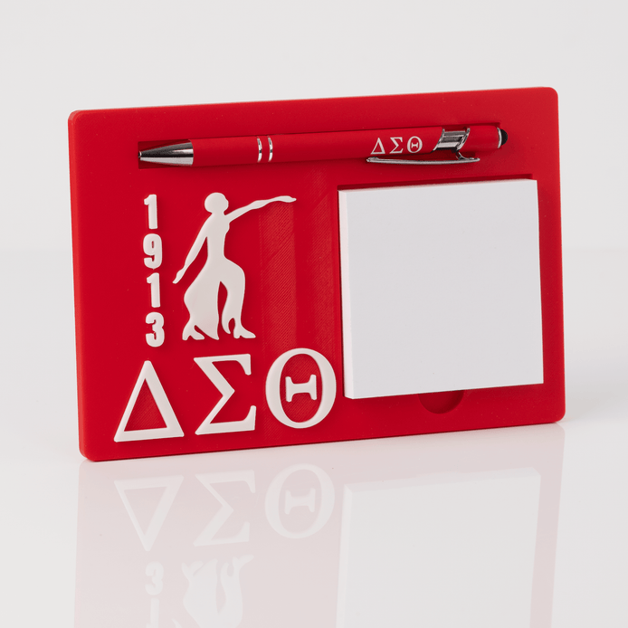 DST 1913 Fortitude sticky note holder in crimson with stepping figure Greek letters and engraved pen