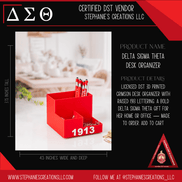Licensed DST desk organizer product graphic showing 3.75 inch height and 4.5 inch width by Stephanie's Creations