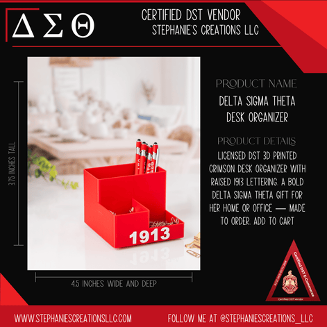 Licensed DST desk organizer product graphic showing 3.75 inch height and 4.5 inch width by Stephanie's Creations
