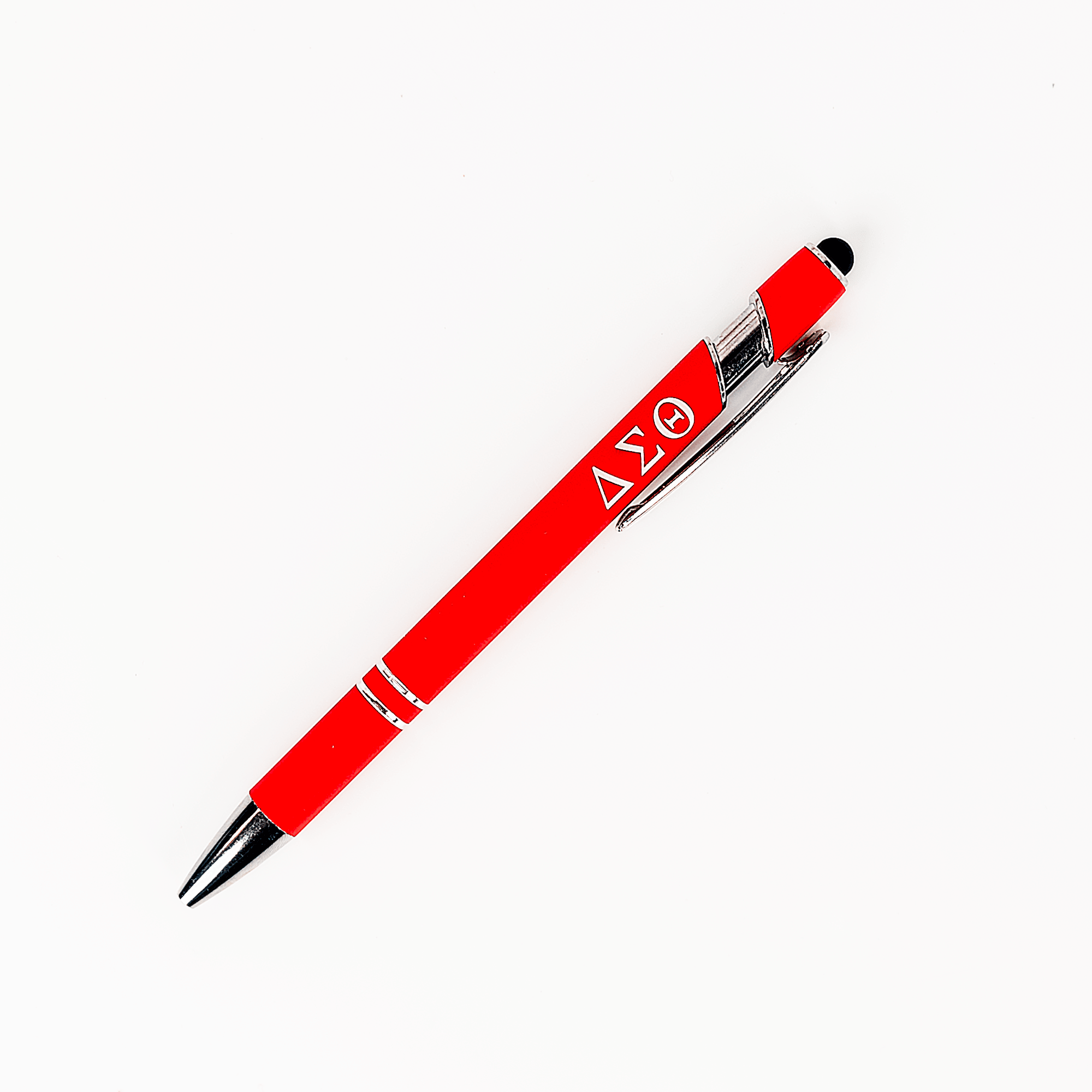 Single Delta Sigma Theta crimson stylus ballpoint pen with Greek letters on white background
