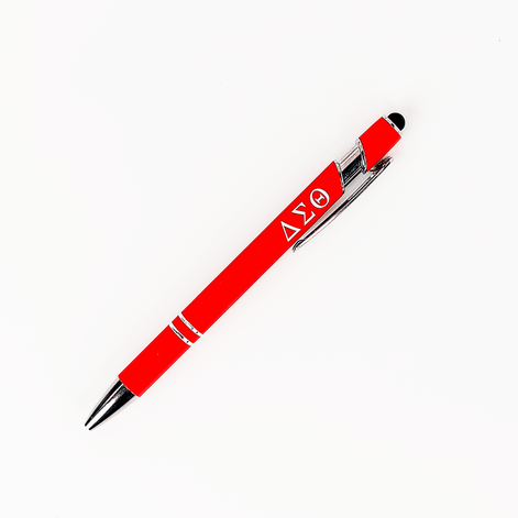 Single Delta Sigma Theta crimson stylus ballpoint pen with Greek letters on white background