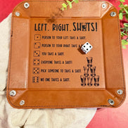 Square faux leather tray used for Left Right Shots dice game