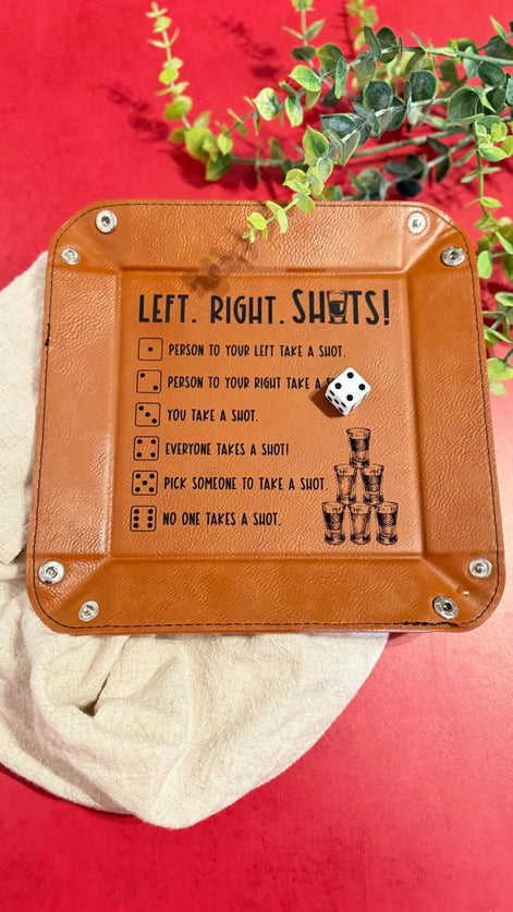Square faux leather tray used for Left Right Shots dice game