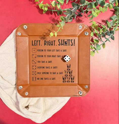 Party drinking game tray with dice and shot glass illustration