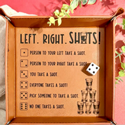 Left Right Shots dice drinking game tray with engraved rules on faux leather