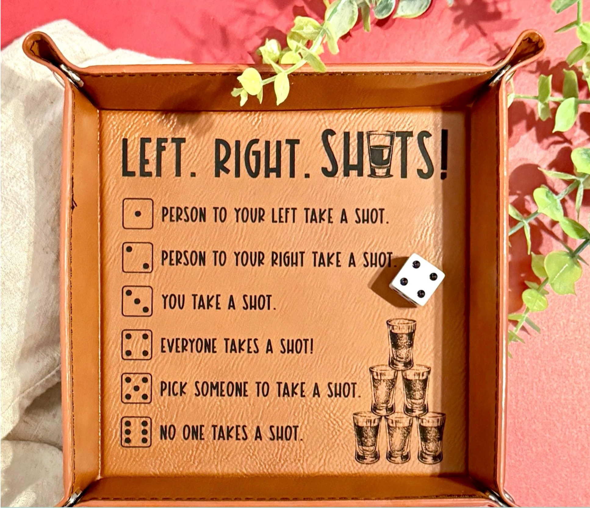 Left Right Shots dice drinking game tray with engraved rules on faux leather