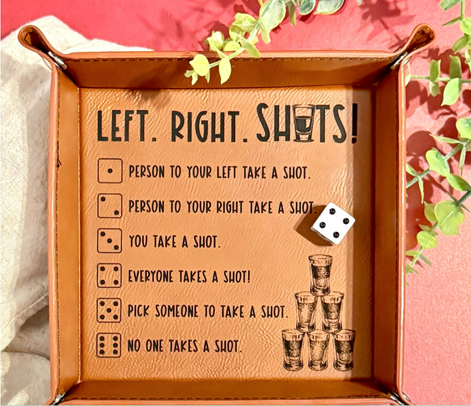 Left Right Shots dice drinking game tray with engraved rules on faux leather
