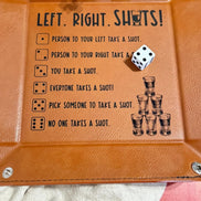 Faux leather Left Right Shots tray displayed on a table with dice
