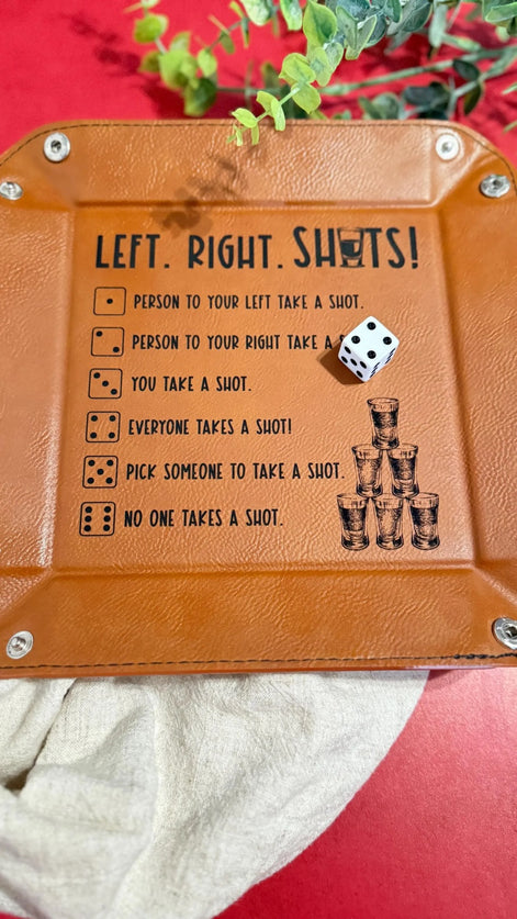 Faux leather Left Right Shots tray displayed on a table with dice