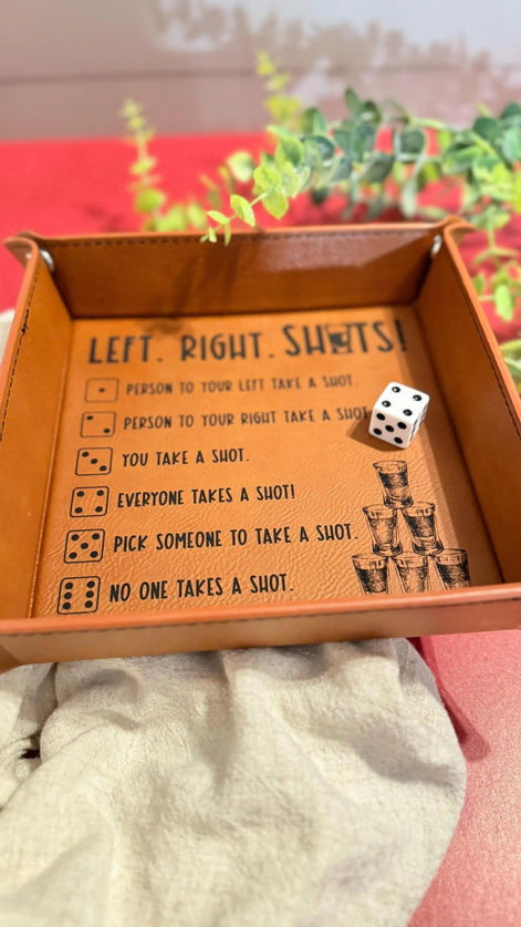 Left Right Shots adult party game tray styled for game night