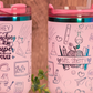 Custom tumbler with teacher’s name engraved among school doodles
